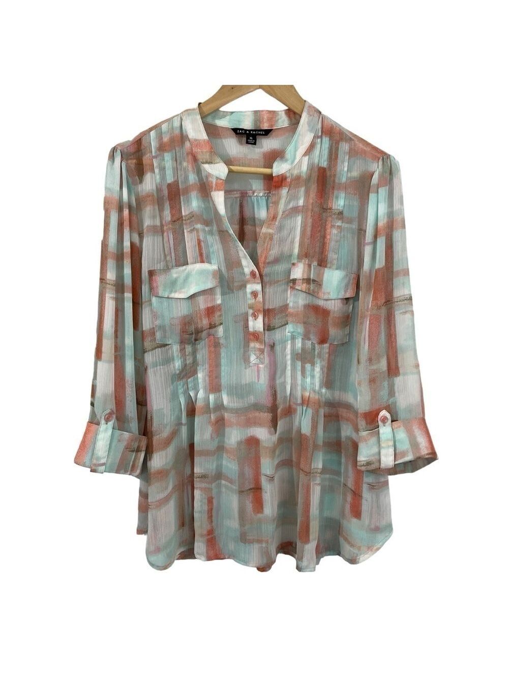 Zac & Rachel Sheer Pastel Popover Blouse Womens XL Pink Blue Cuffed Sleeve Top